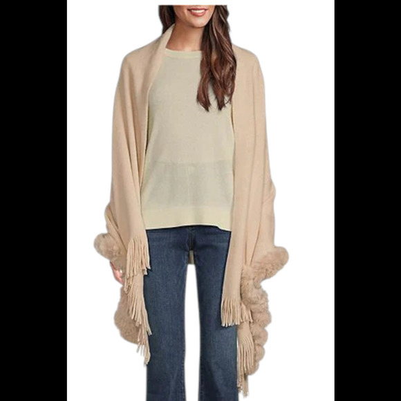 Vince Camuto Faux Fur-Trimmed Wrap Muffler Tan - Picture 1 of 1